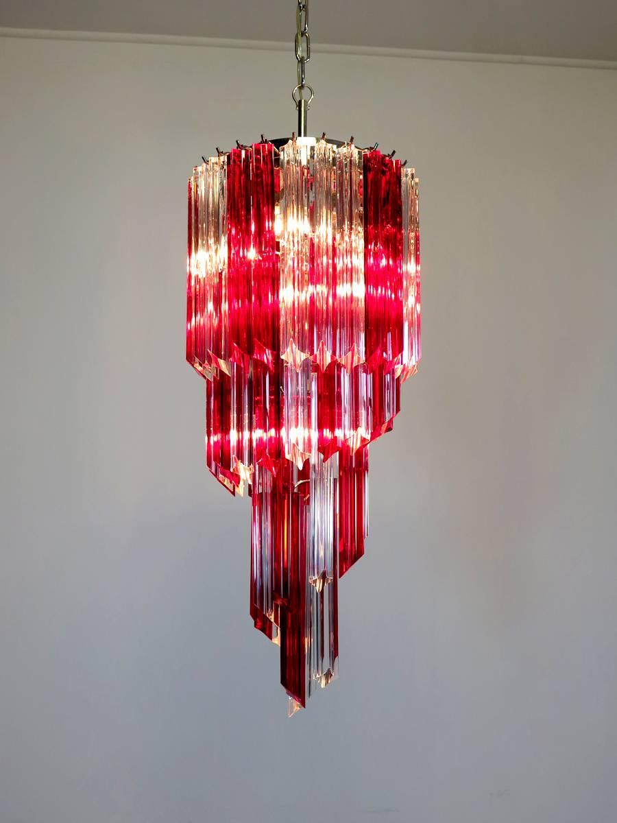 Vintage Murano Chandelier, 54 Quadriedri Ruby Red and Transparent Prism For Sale 4