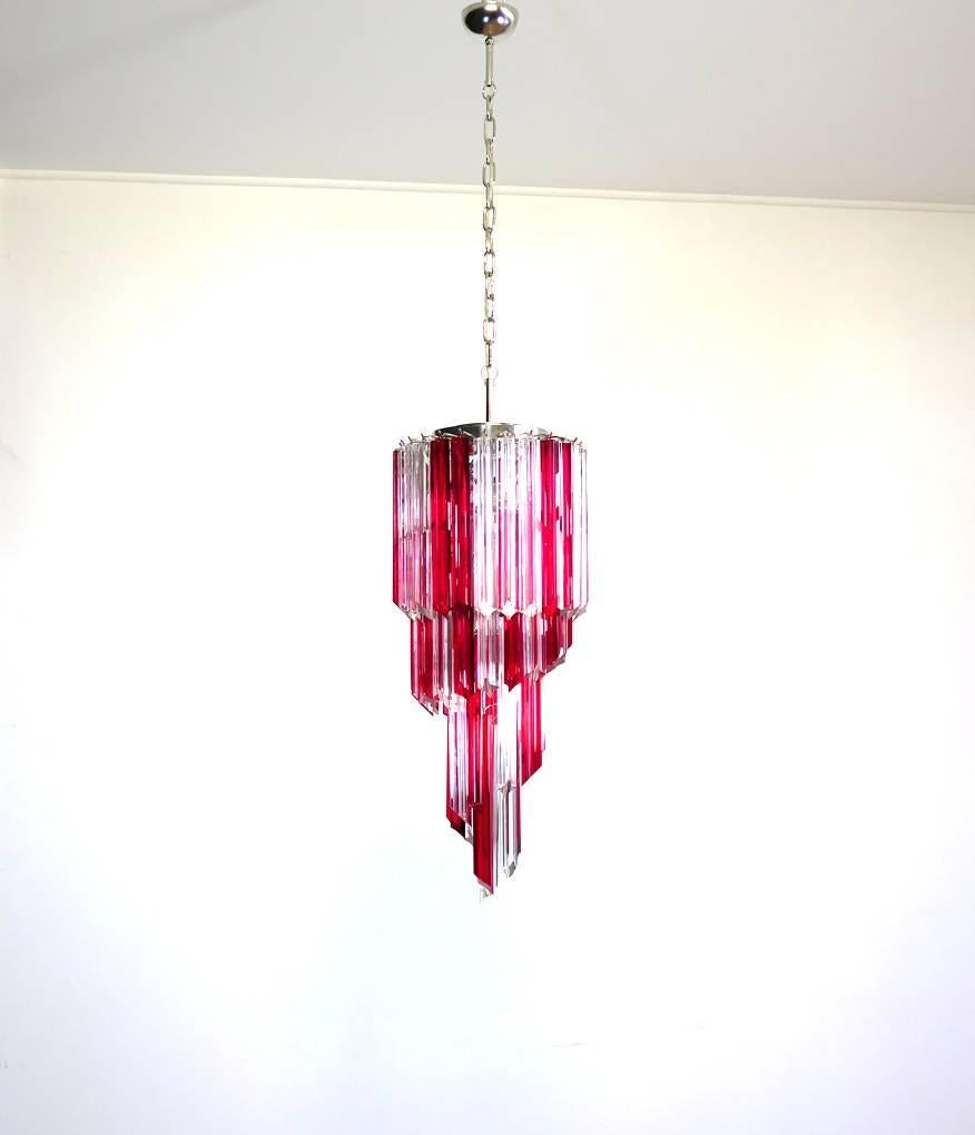 Mid-Century Modern Vintage Murano Chandelier, 54 Quadriedri Ruby Red and Transparent Prism For Sale