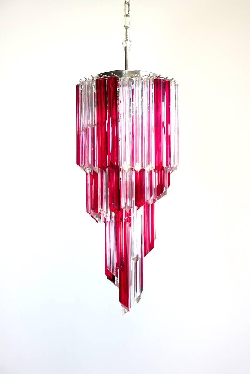 Italian Vintage Murano Chandelier, 54 Quadriedri Ruby Red and Transparent Prism For Sale