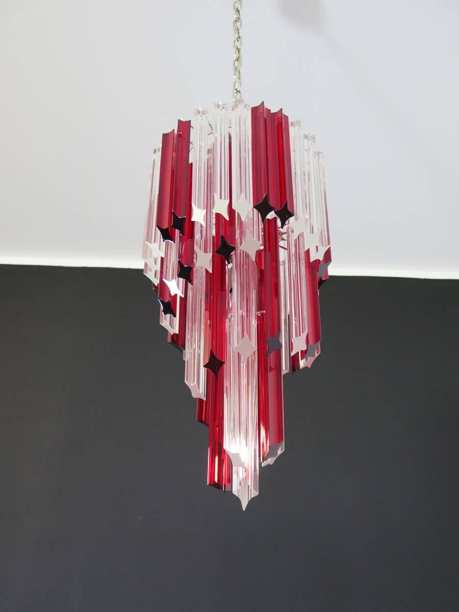 Mid-20th Century Vintage Murano Chandelier, 54 Quadriedri Ruby Red and Transparent Prism For Sale