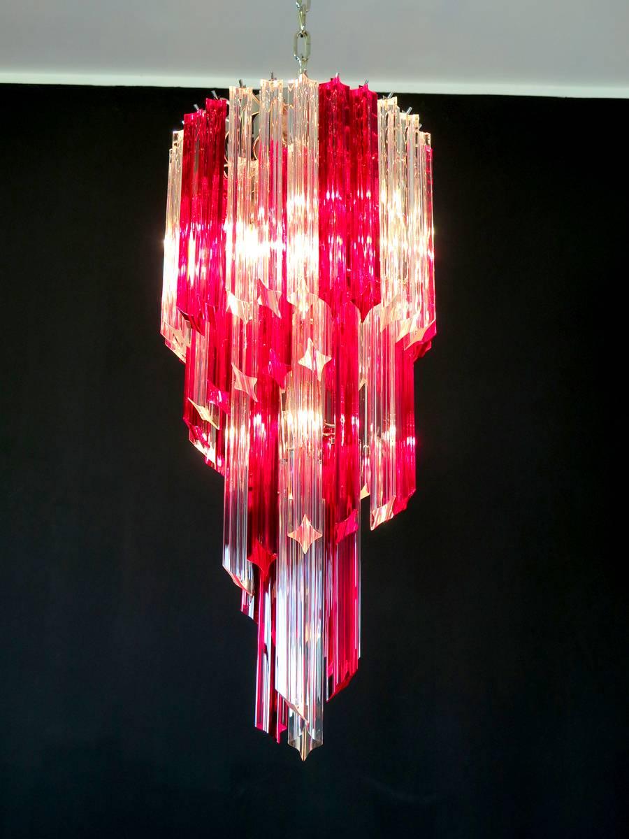 Glass Vintage Murano Chandelier, 54 Quadriedri Ruby Red and Transparent Prism For Sale