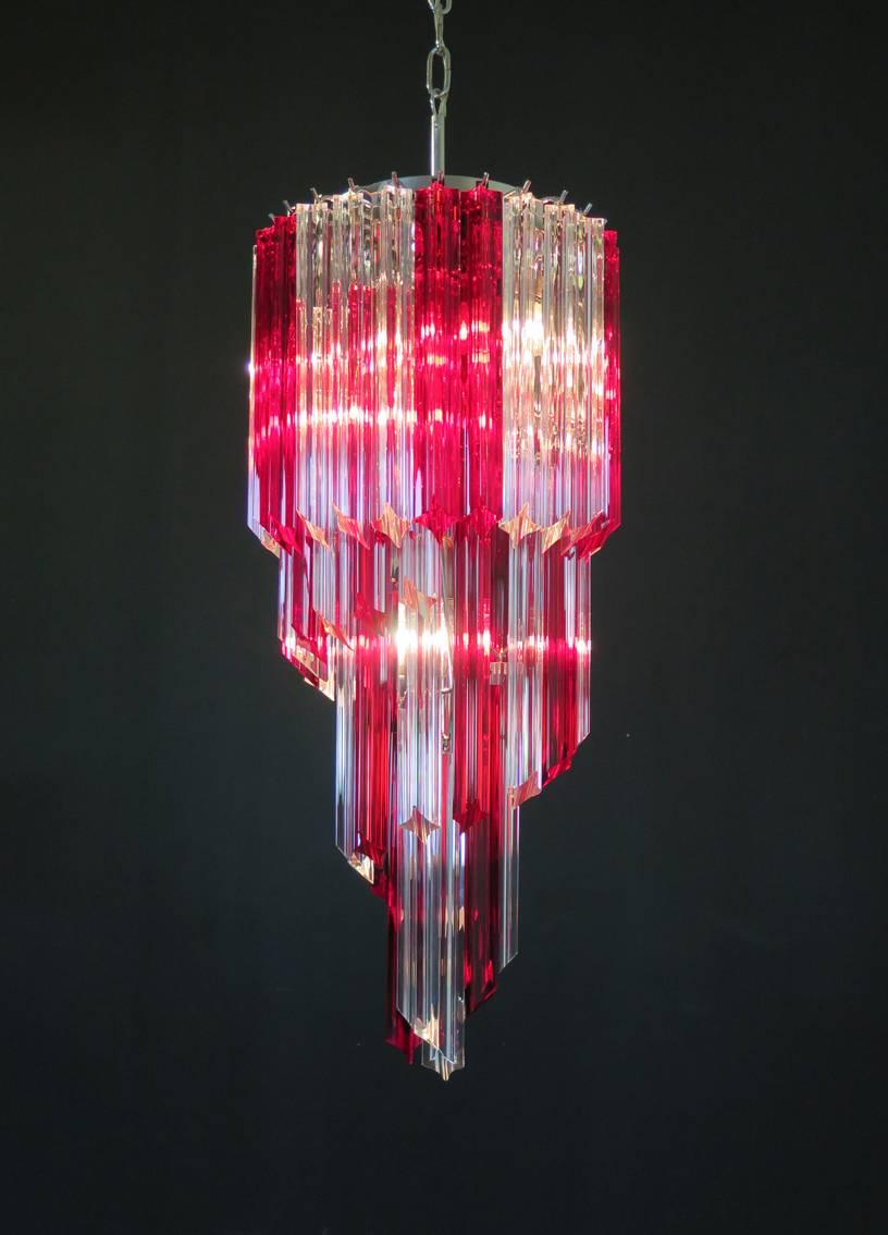 Vintage Murano Chandelier, 54 Quadriedri Ruby Red and Transparent Prism For Sale 1