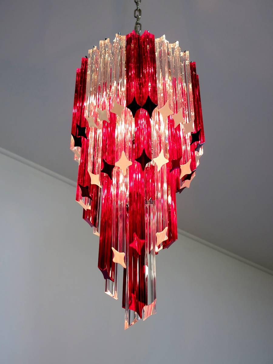 Vintage Murano Chandelier, 54 Quadriedri Ruby Red and Transparent Prism For Sale 2