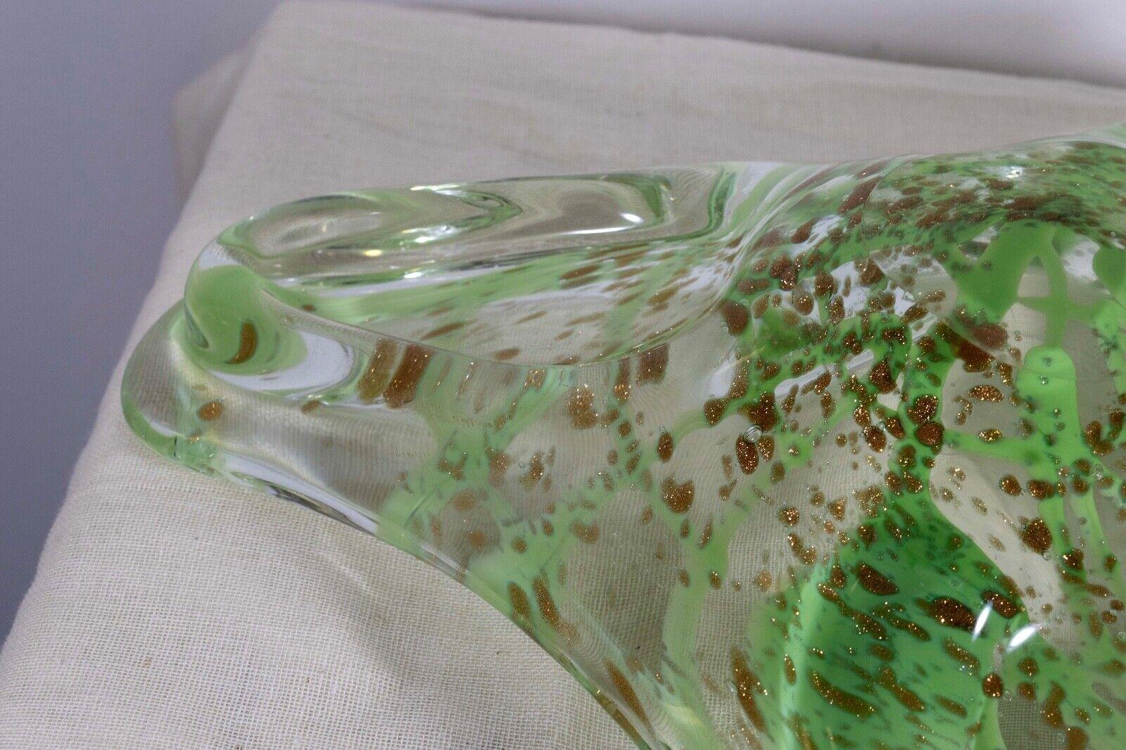 Vintage Murano Clear and Green with Gold Speckles Freeform Art Glass Bowl For Sale 6