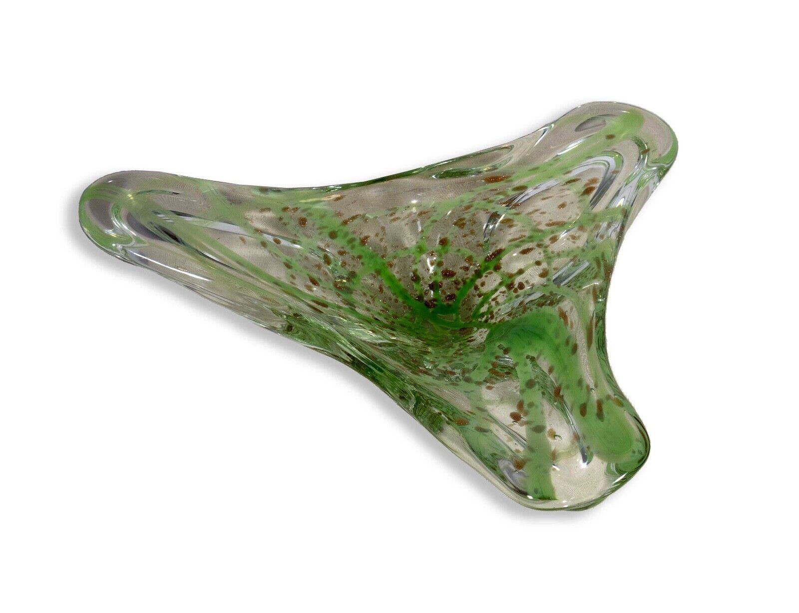 20th Century Vintage Murano Clear and Green with Gold Speckles Freeform Art Glass Bowl For Sale