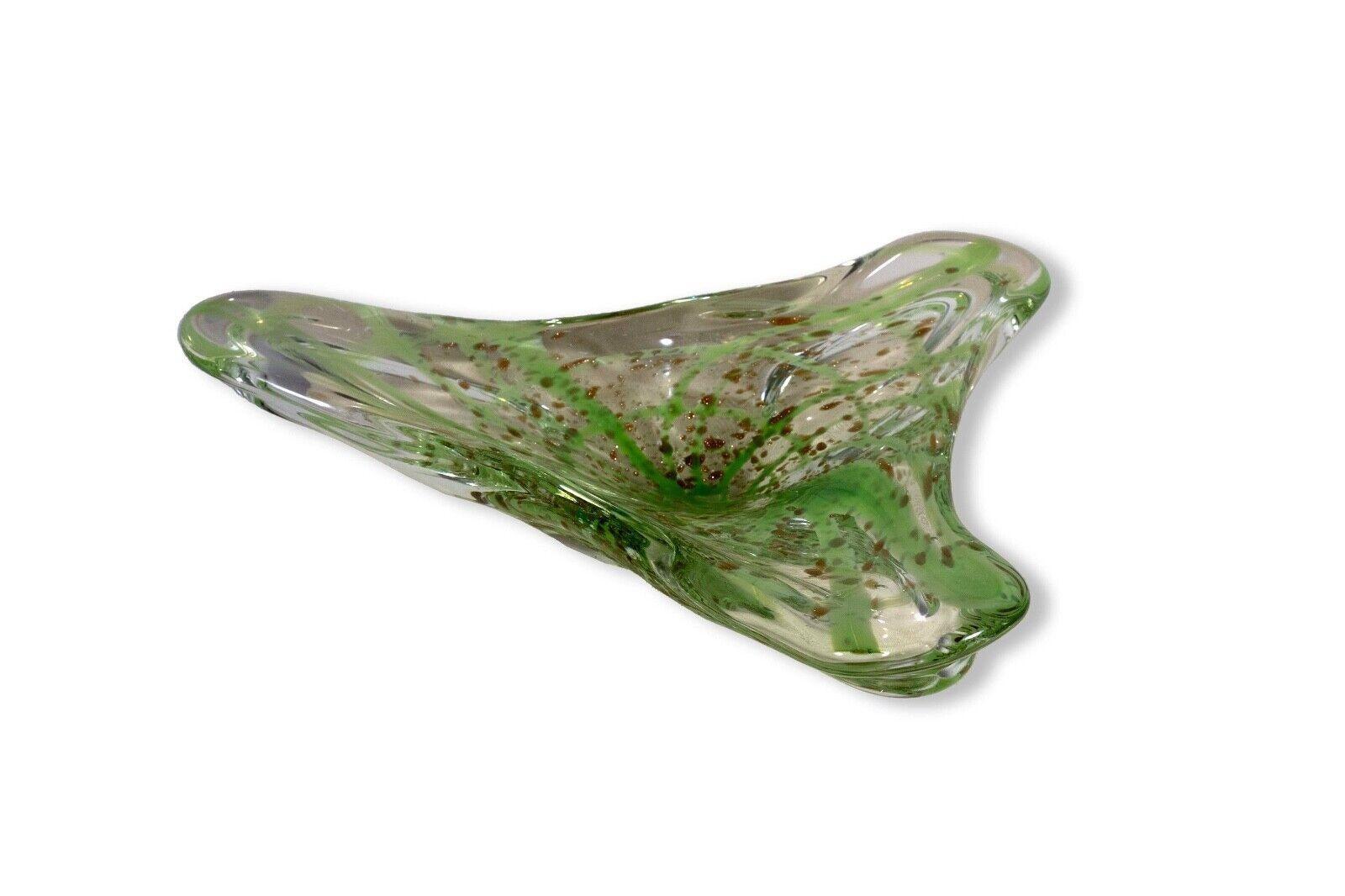 Murano Glass Vintage Murano Clear and Green with Gold Speckles Freeform Art Glass Bowl For Sale