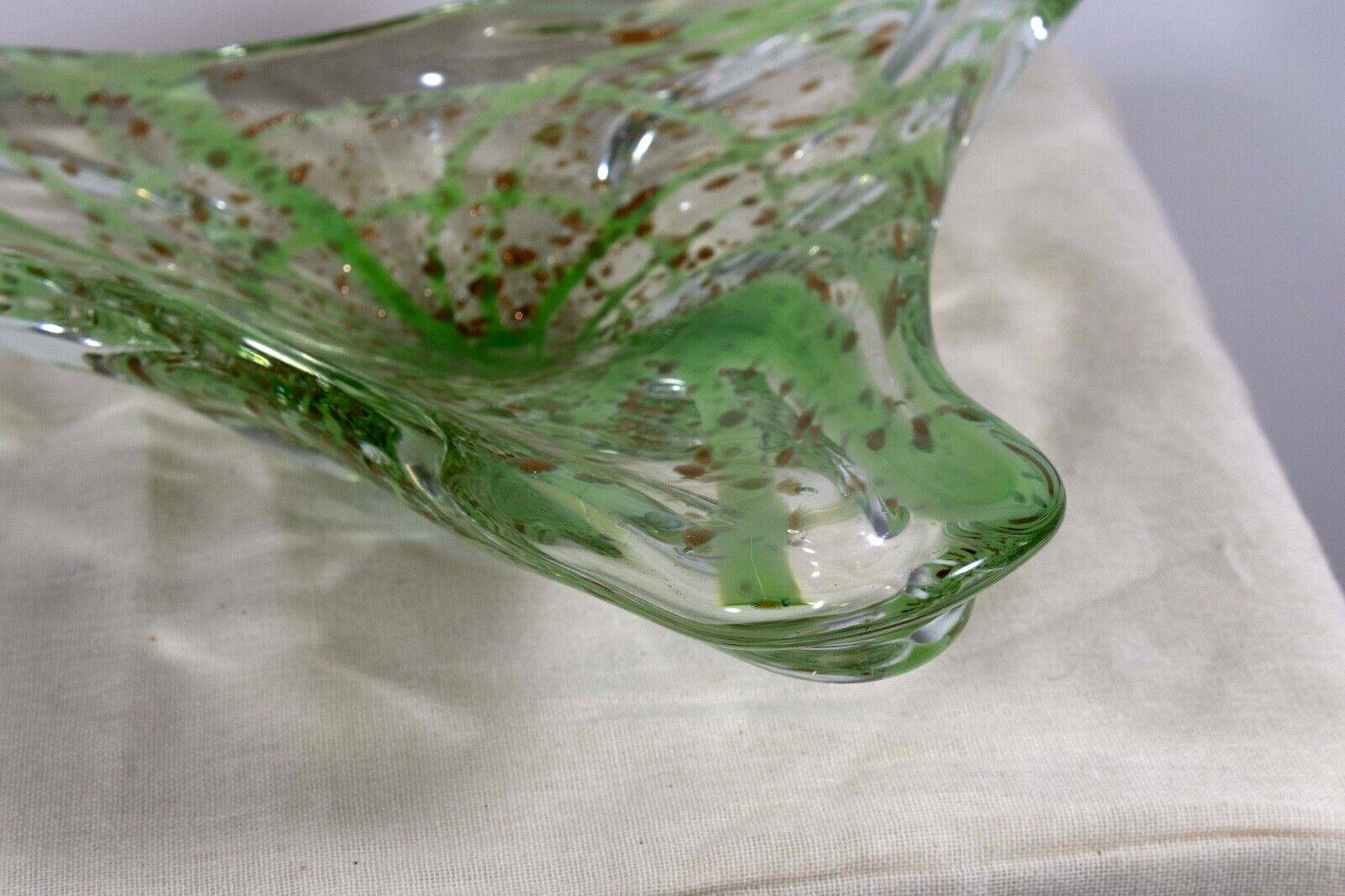 Vintage Murano Clear and Green with Gold Speckles Freeform Art Glass Bowl For Sale 1