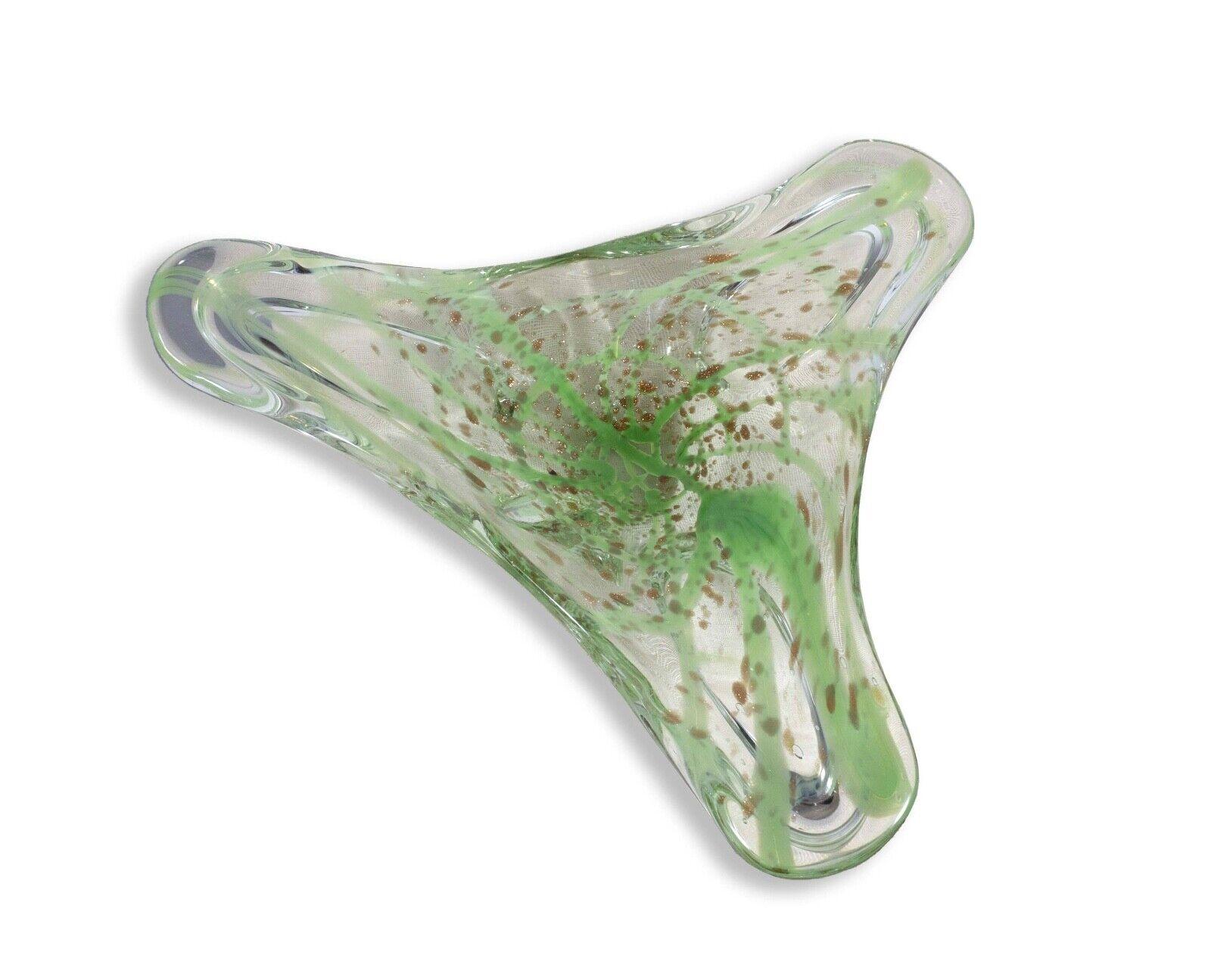 Vintage Murano Clear and Green with Gold Speckles Freeform Art Glass Bowl For Sale 3