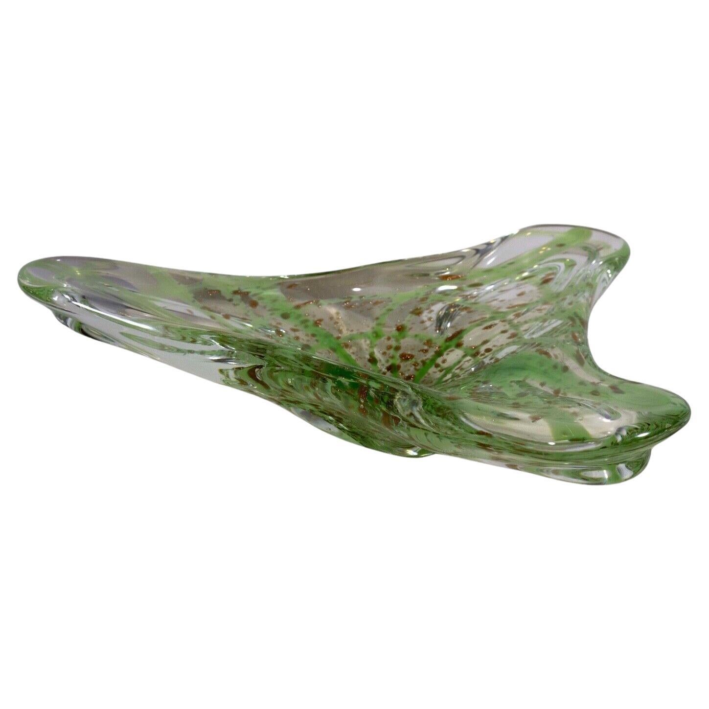 Vintage Murano Clear and Green with Gold Speckles Freeform Art Glass Bowl For Sale