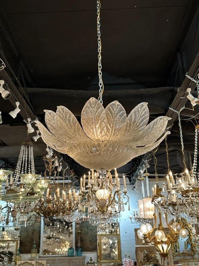 Stylish vintage Murano clear glass leaf form chandelier. Creates a gorgeous textural look! Can be used as a flush mount or can be dropped down a bit. Lovely!!