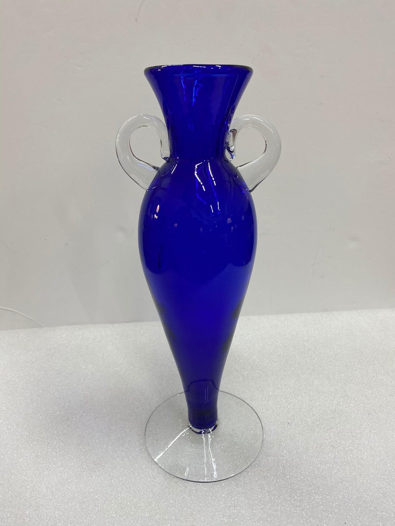 Hand-Crafted Vintage Murano Cobalt Blue Glass Flower Vase For Sale