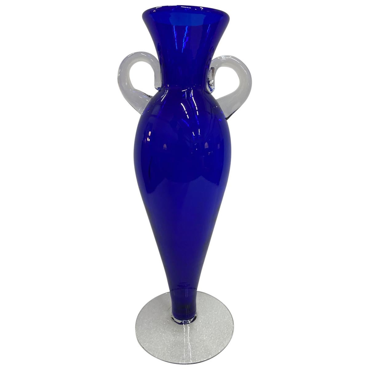 Hand Cut Cobalt Blue Glass Floral Bud Vase 