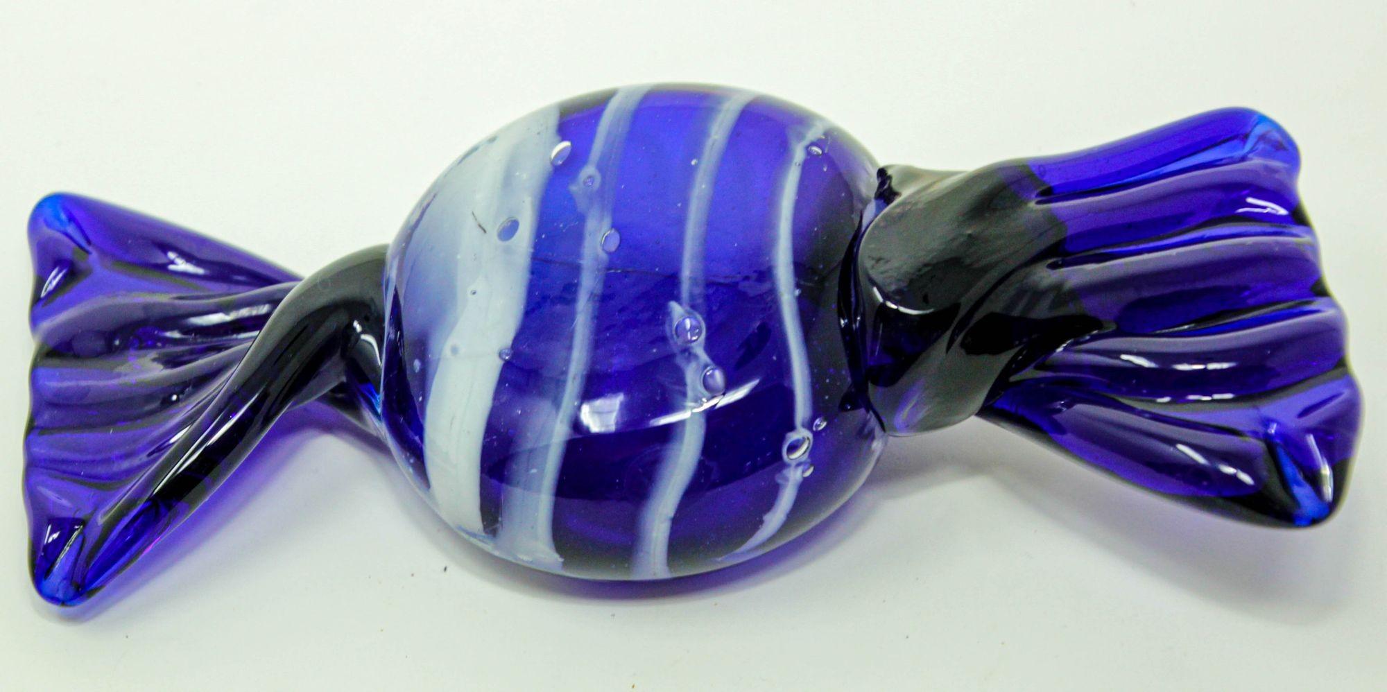 Italian Vintage Murano Decorative Blown Glass Wrapped Blue Hard Candy Paper For Sale