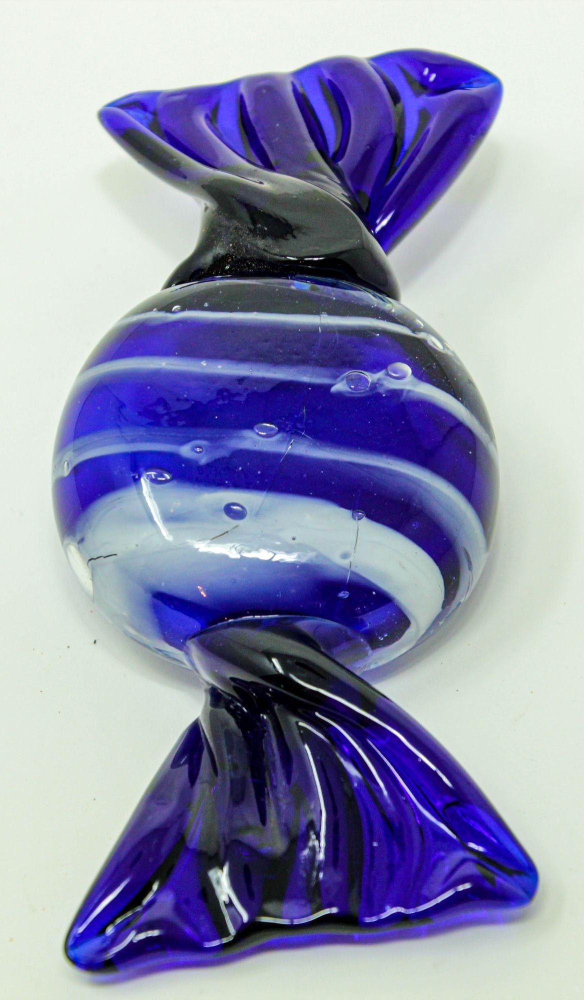 Hand-Crafted Vintage Murano Decorative Blown Glass Wrapped Blue Hard Candy Paper For Sale