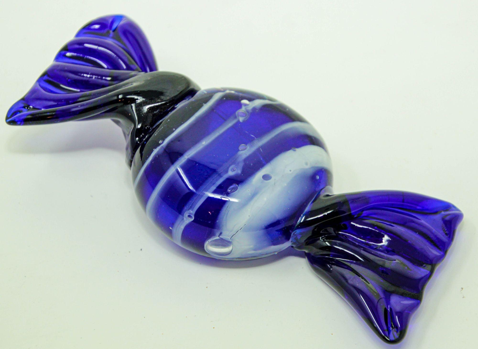 Art Glass Vintage Murano Decorative Blown Glass Wrapped Blue Hard Candy Paper For Sale