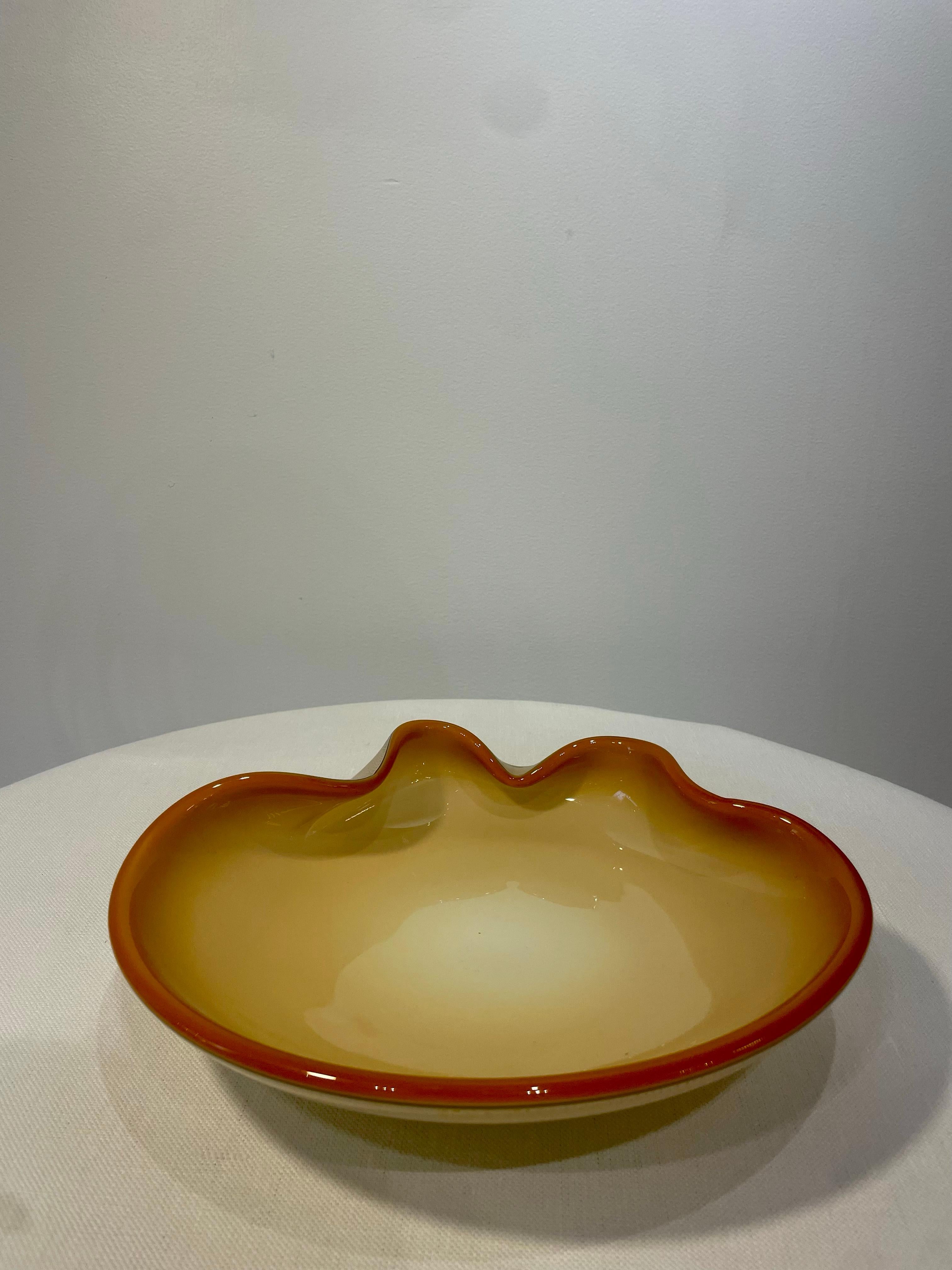 Vintage Murano Dish, Tangerine Scalloped Edges In Excellent Condition In West Hollywood, CA