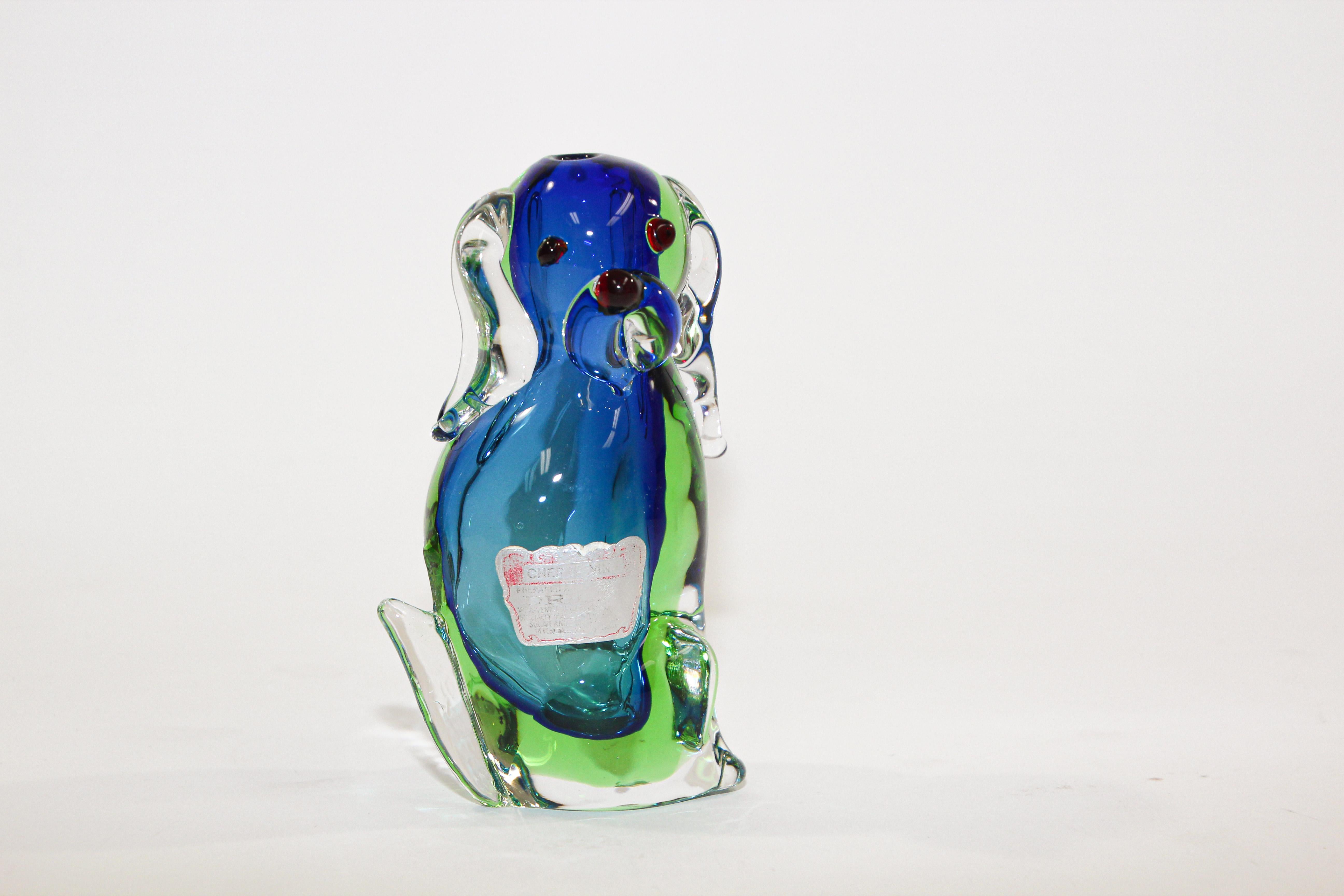 Blown Glass Vintage Murano Emerald Green and Blue Dog Sculpture Paperweight