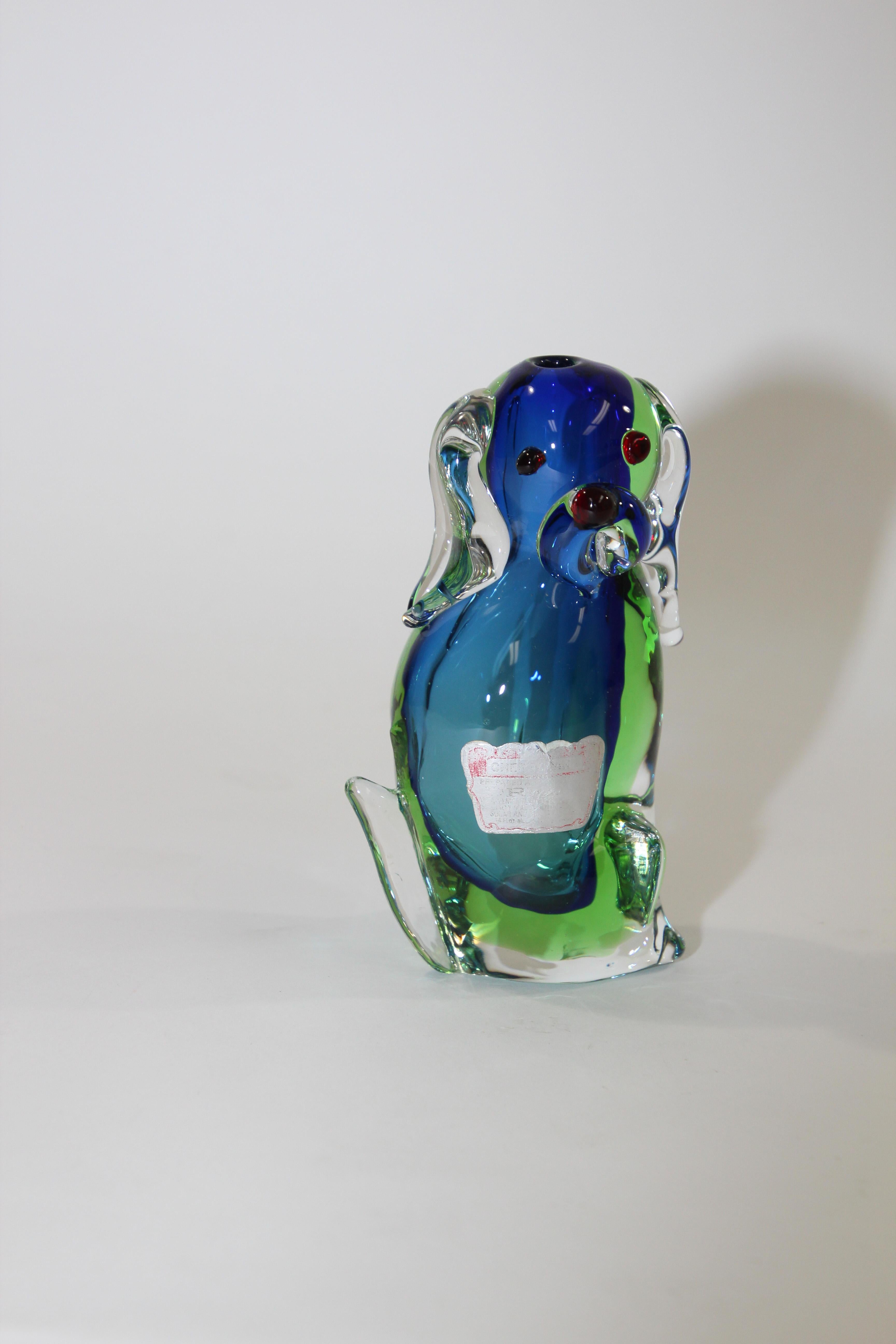 Vintage Murano Emerald Green and Blue Dog Sculpture Paperweight 2