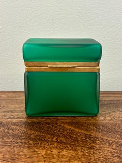 Vintage Murano Emerald Green Opaline Glass Jewelry Box with Brass Trim