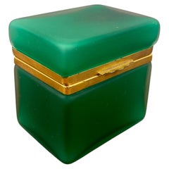 Vintage Murano Emerald Green Opaline Glass Jewelry Box with Brass Trim