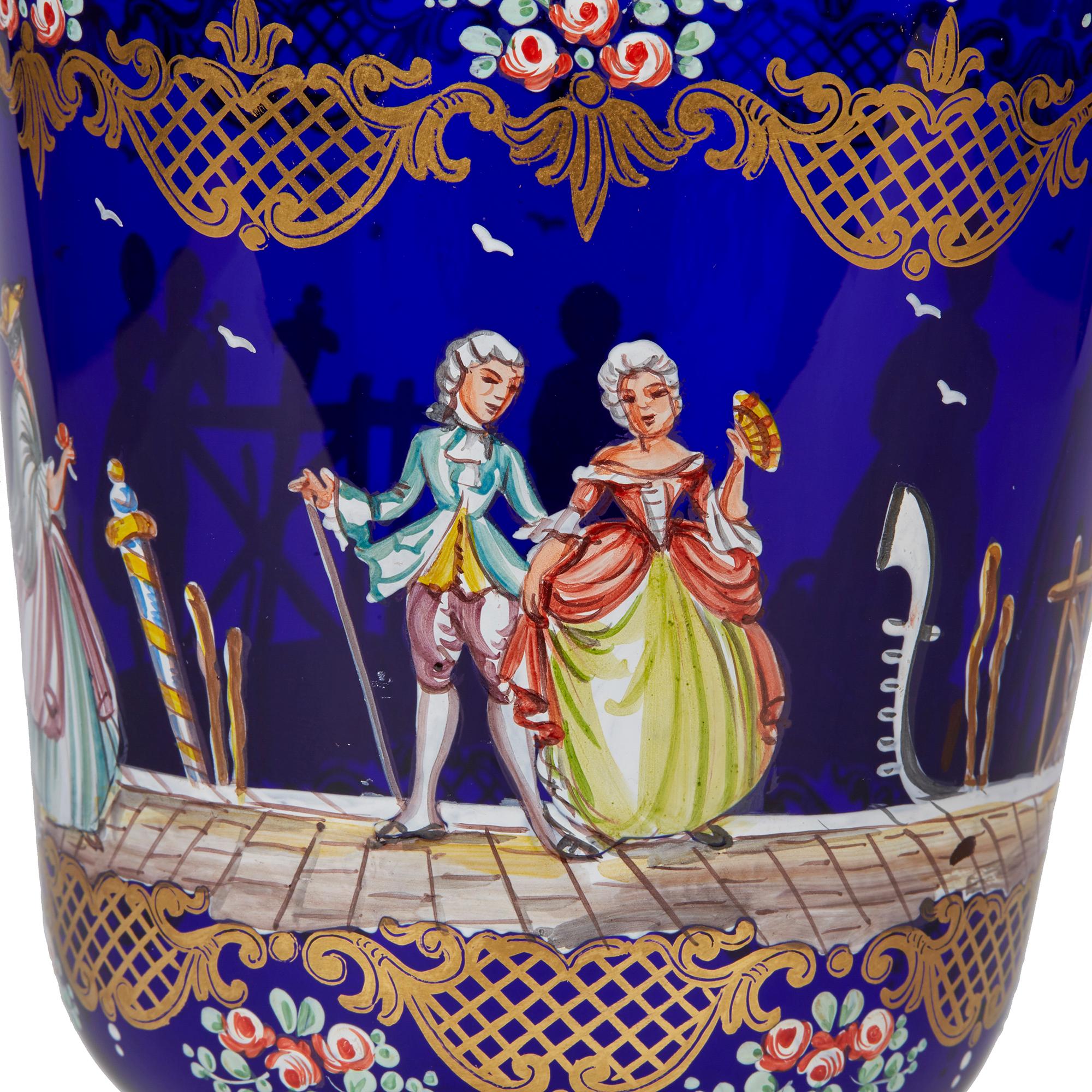 Italian Vintage Murano Enameled Pedestal Glass Goblet Vase, 20th Century