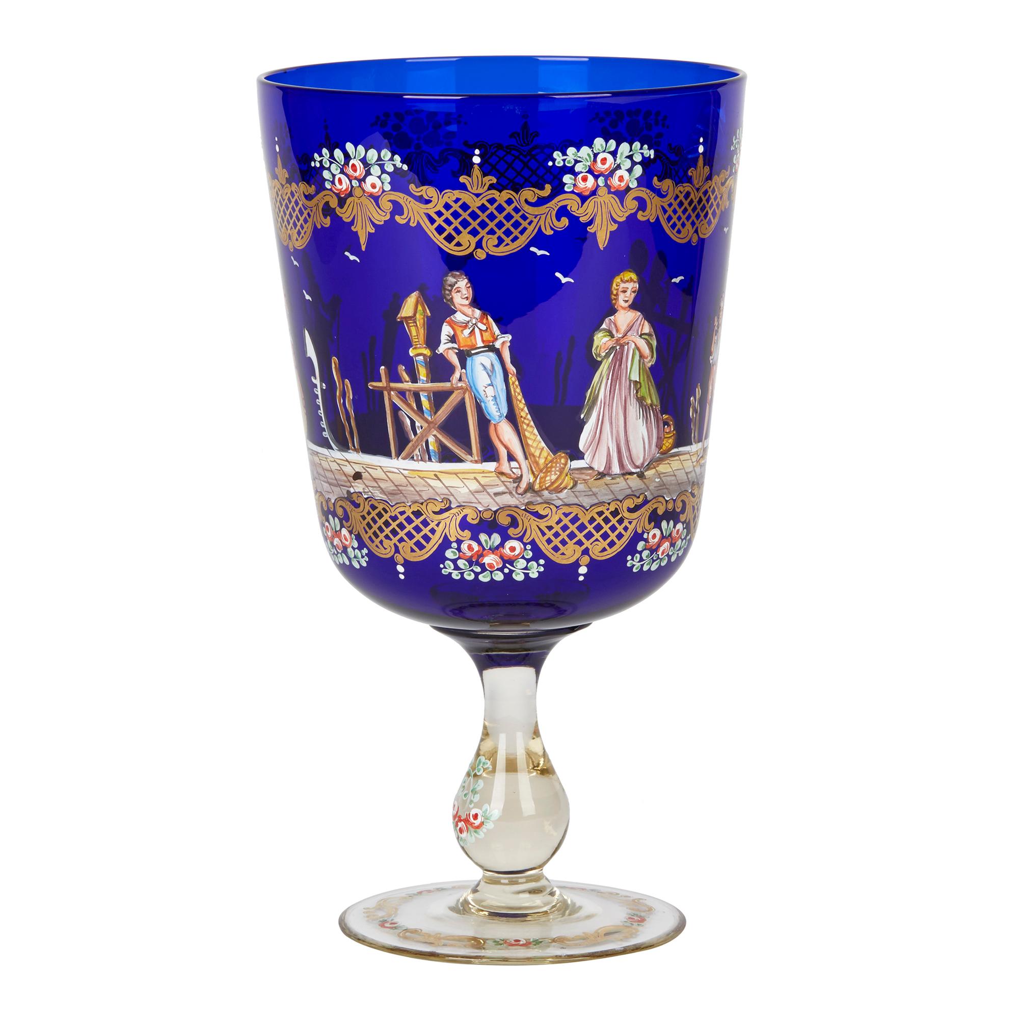Vintage Murano Enameled Pedestal Glass Goblet Vase, 20th Century In Good Condition In Bishop's Stortford, Hertfordshire
