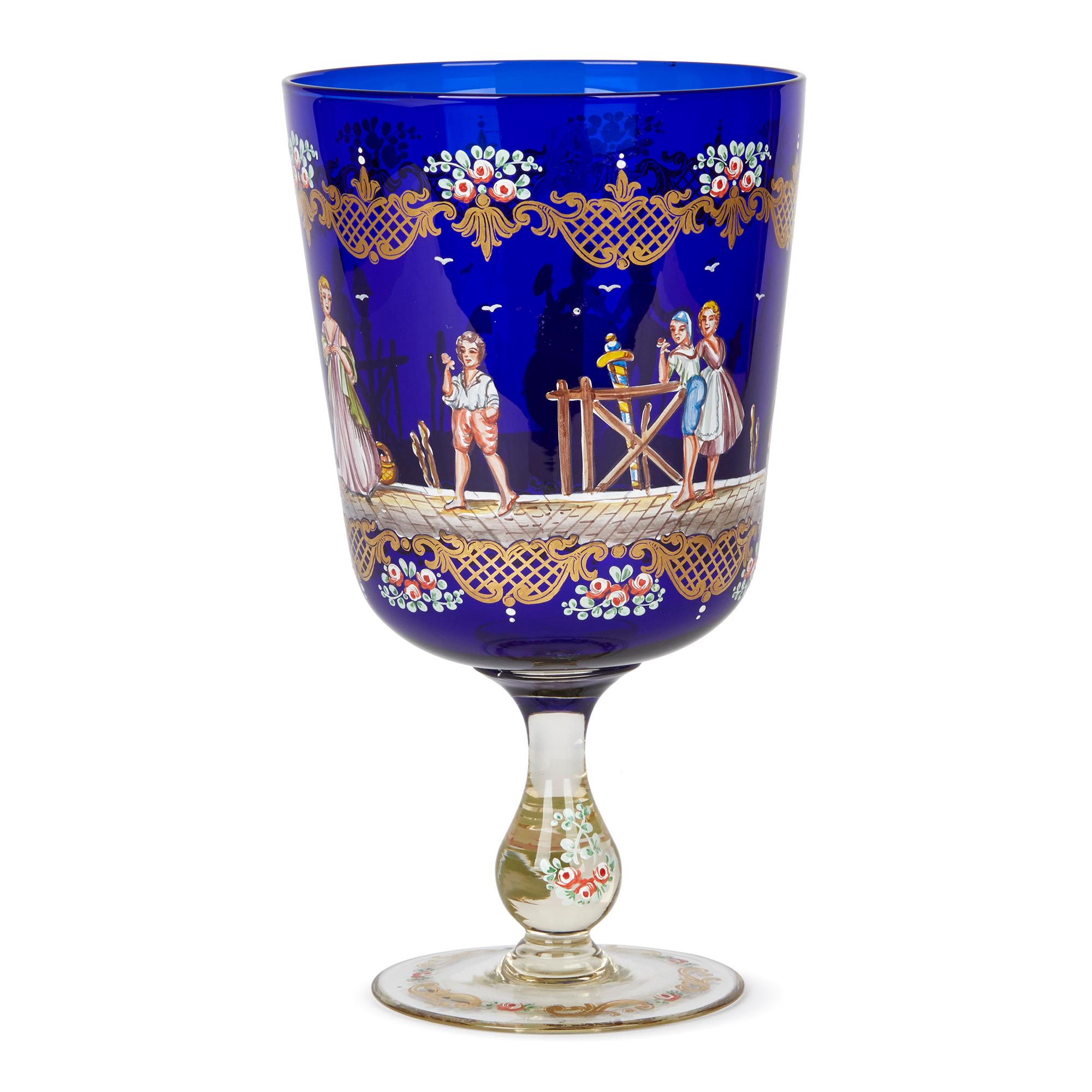 Mid-20th Century Vintage Murano Enameled Pedestal Glass Goblet Vase, 20th Century