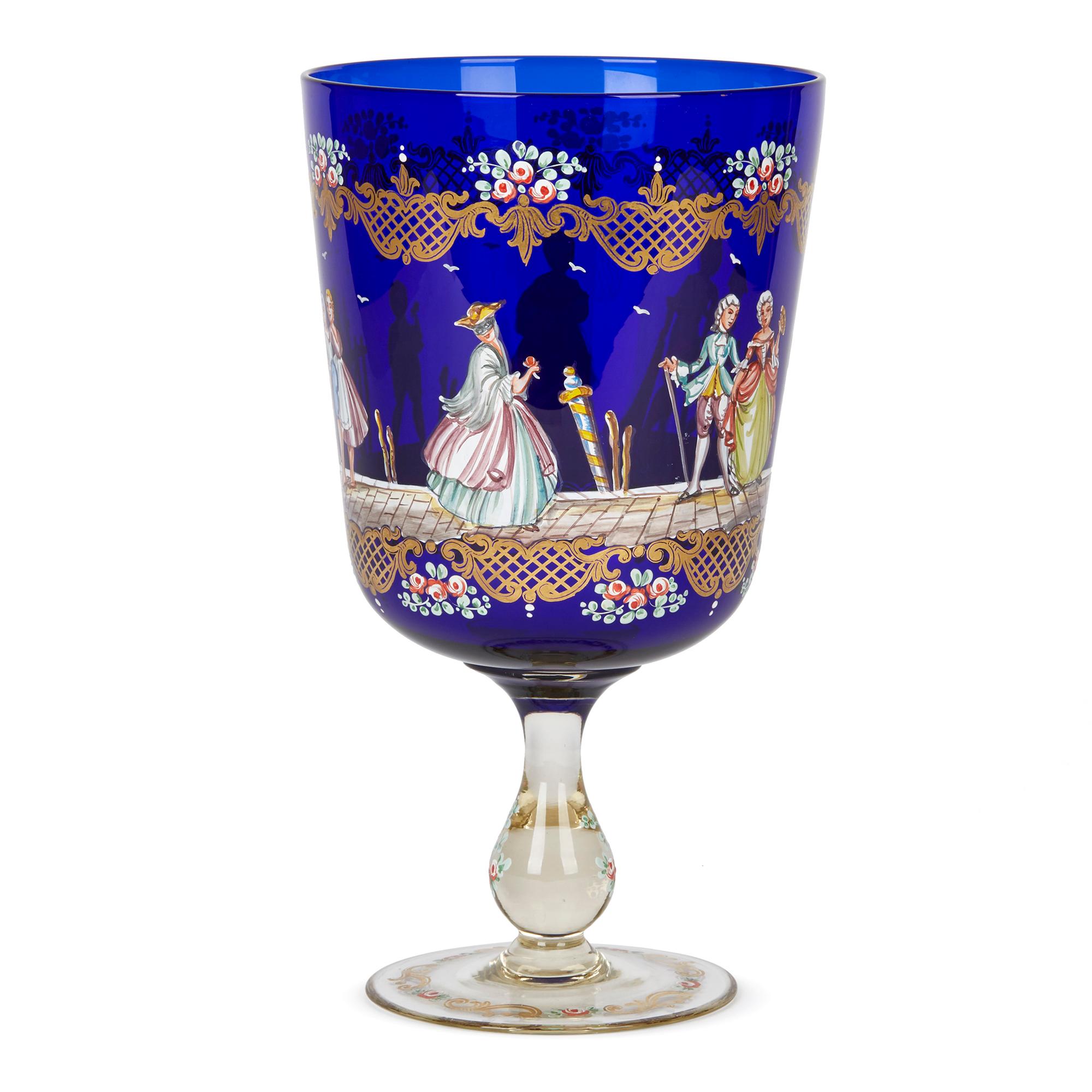 Art Glass Vintage Murano Enameled Pedestal Glass Goblet Vase, 20th Century