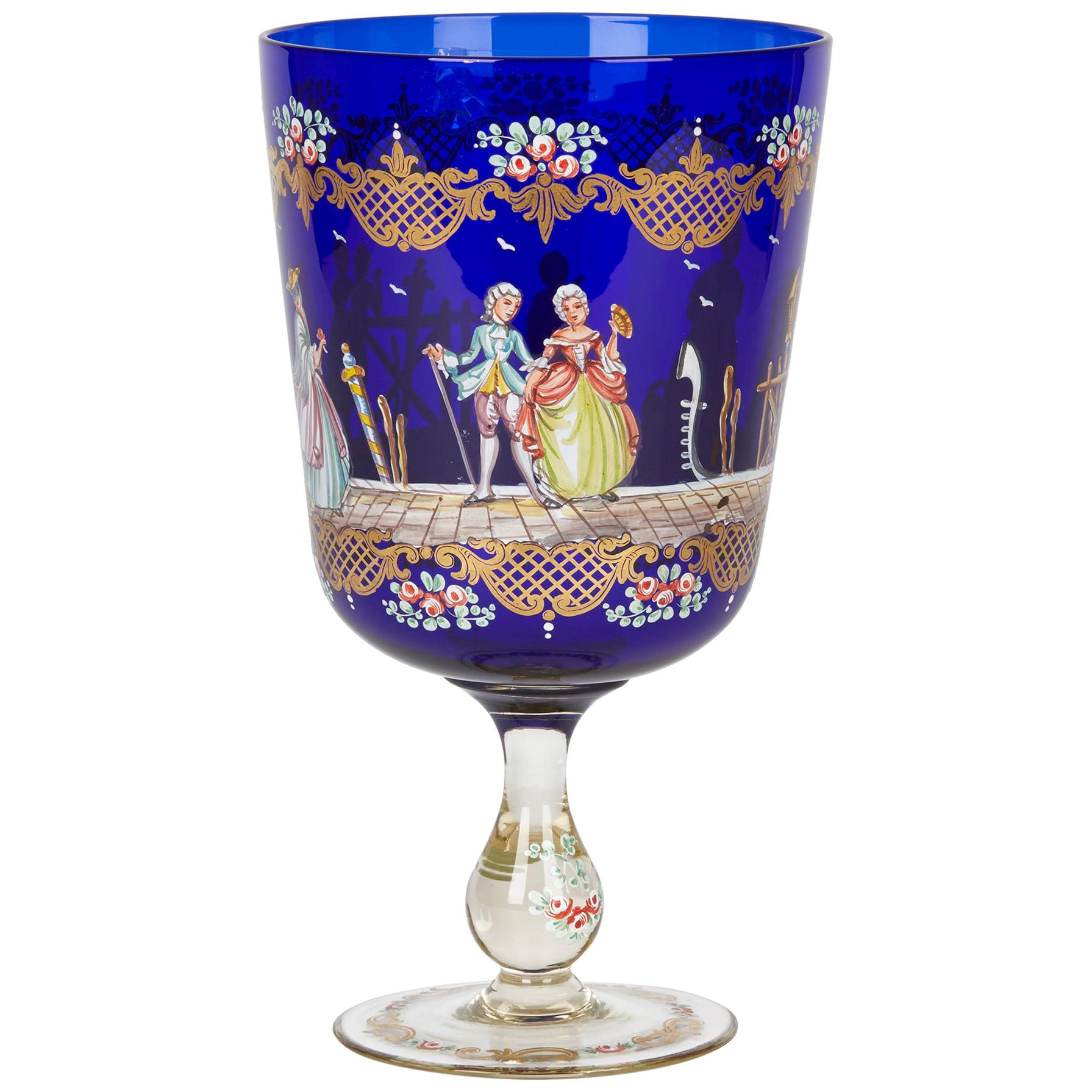 Vintage Murano Enameled Pedestal Glass Goblet Vase, 20th Century