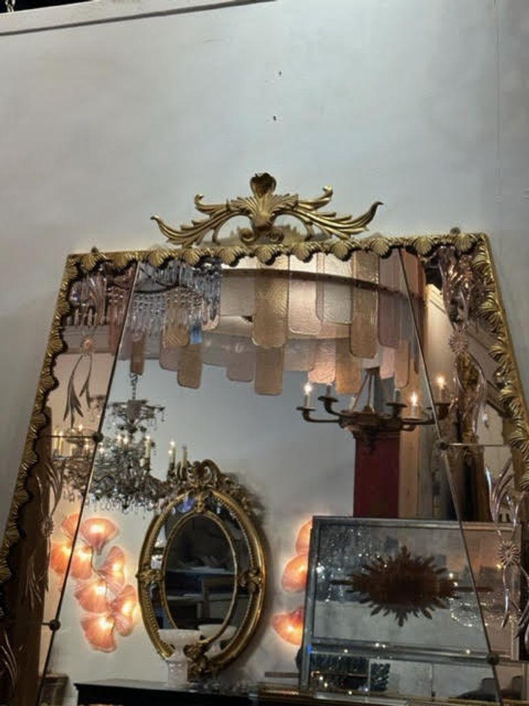 20th Century Vintage Murano Etched Glass and Brass Dressing Mirror For Sale