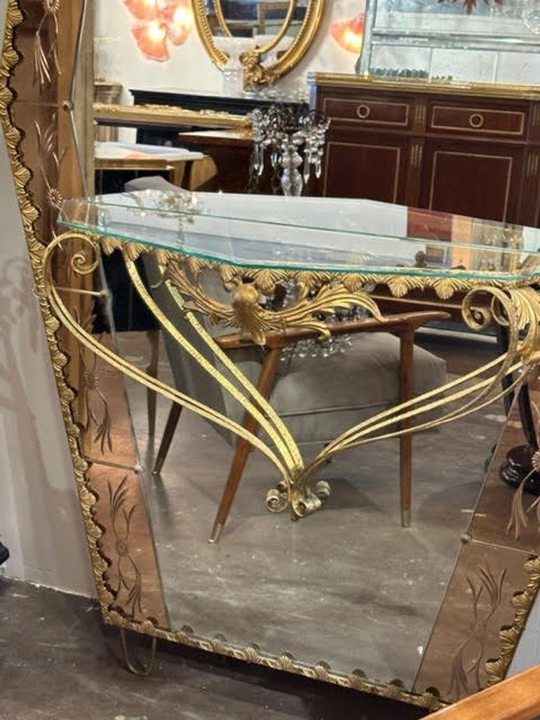 20ième siècle Miroir de toilette vintage en verre gravé et laiton de Murano en vente