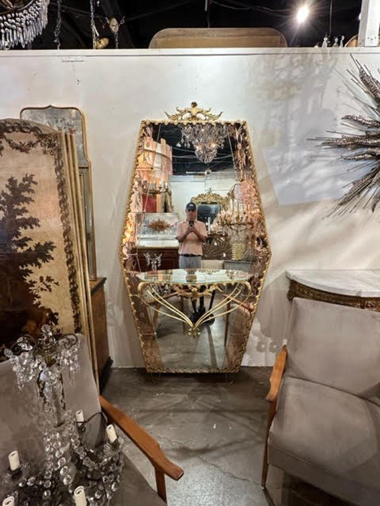 Miroir de toilette vintage en verre gravé et laiton de Murano en vente 1