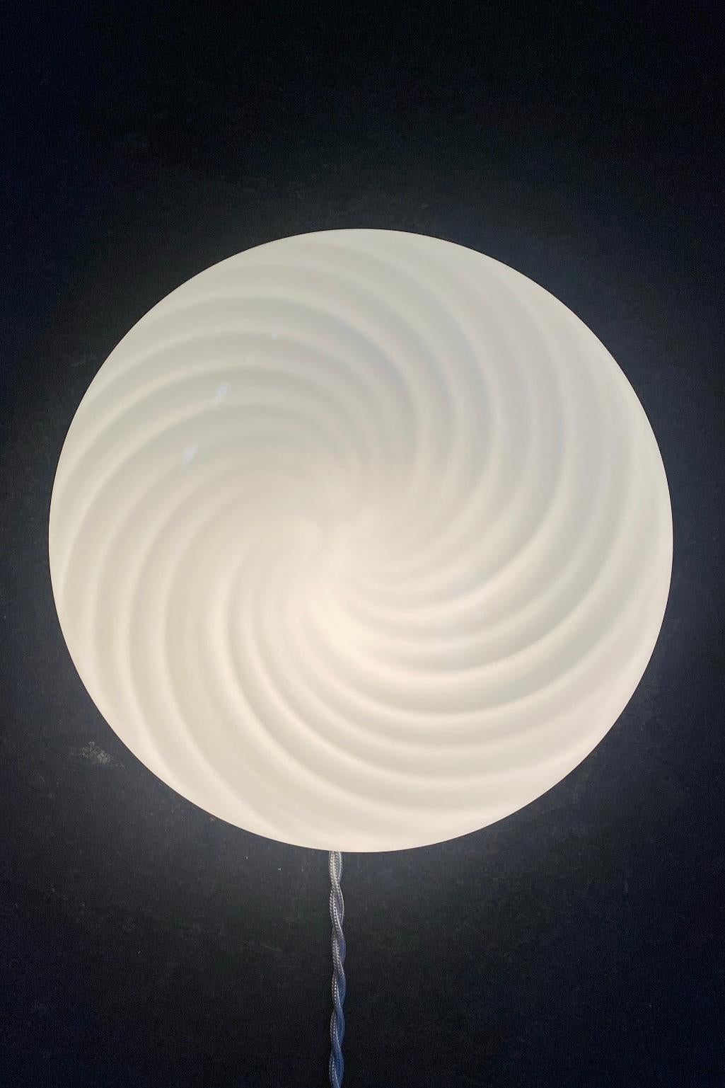 Italian Vintage Murano Flush Mount Ceiling Lamp White Swirl Glass, Italy 1970s For Sale