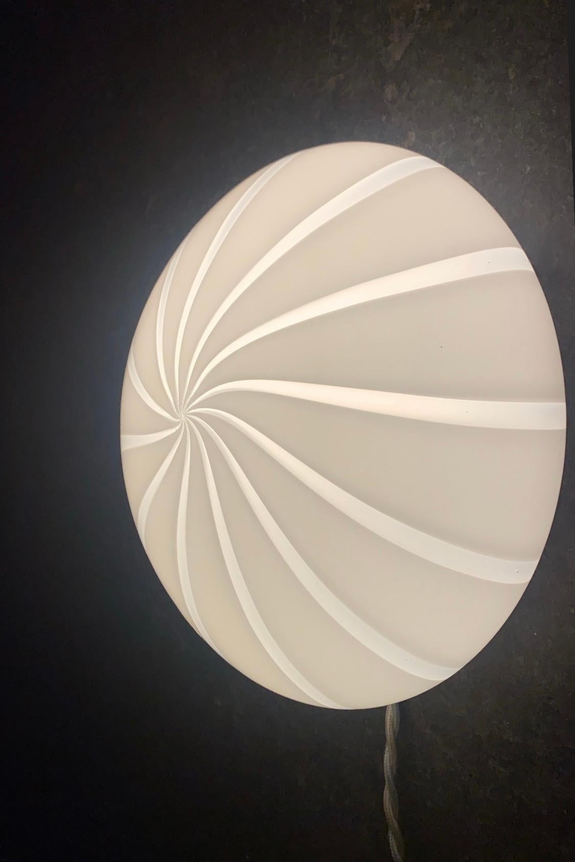 Italian Vintage Murano Flush Mount Ceiling Lamp White Swirl Glass, Italy 1970s