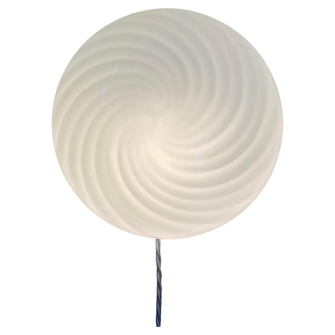 Vintage Murano Flush Mount Ceiling Lamp White Swirl Glass, Italy 1970s For Sale