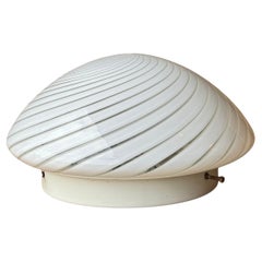 Vintage Murano Flush Mount Ceiling Lamp White Swirl Glass, Italy 1970s