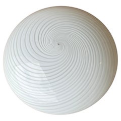 Vintage Murano Flush Mount Ceiling Lamp White Swirl Glass, Italy 1970s