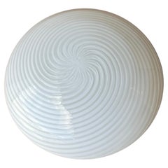 Vintage Murano Flush Mount Ceiling Lamp White Swirl Glass, Italy 1970s