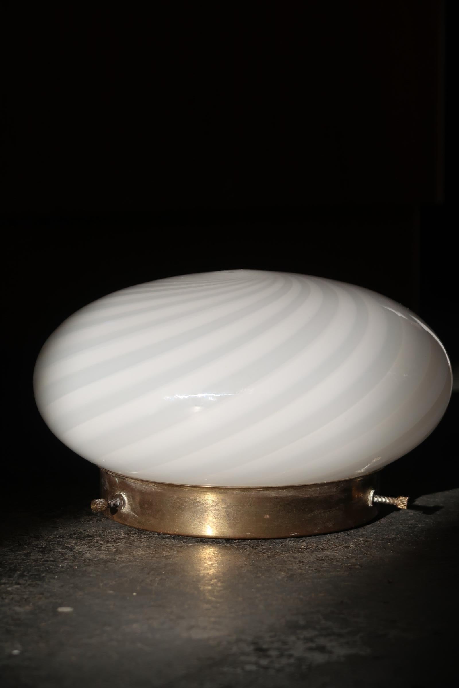 Mid-Century Modern Vintage Murano Flush Mount Wall Ceiling Lamp in White Swirl Glass, Italy 1970s