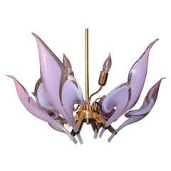 Lustre Vintage Murano Franco Luce en laiton avec feuilles de verre violet lavande et feuilles