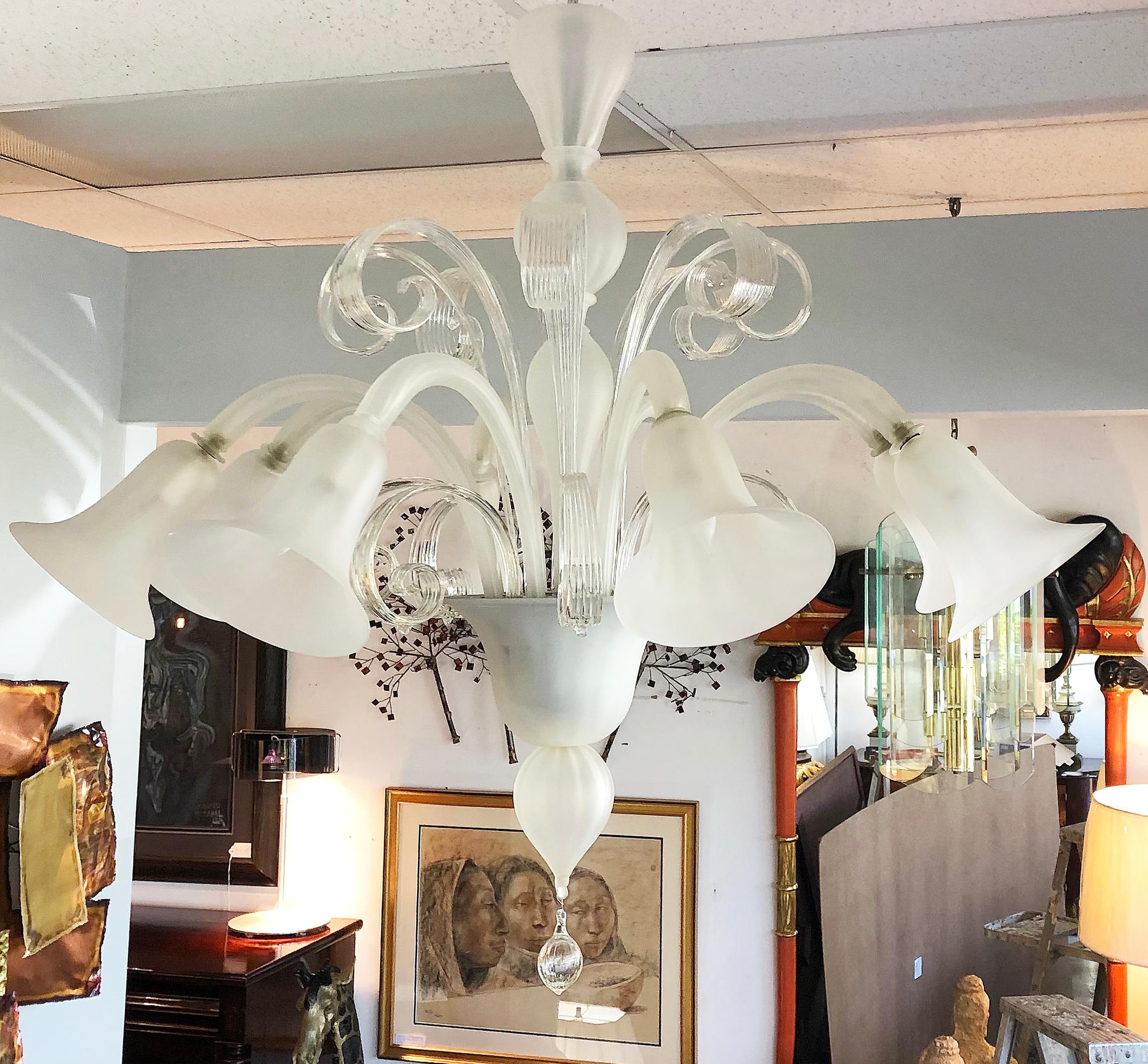 Vintage Murano frosted glass eight-arm chandelier with new wiring

Offered for sale is a vintage Murano frosted glass eight-arm chandelier that has been newly wired. The fixture accommodates chandelier-size bulbs and has a ring for hanging and