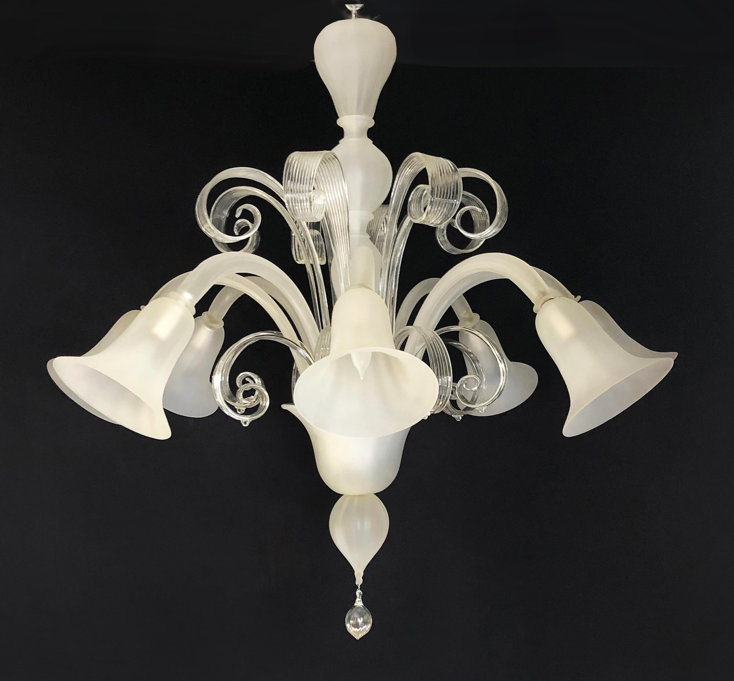 Italian Vintage Murano Frosted Glass Eight Arm Chandelier with New Wiring