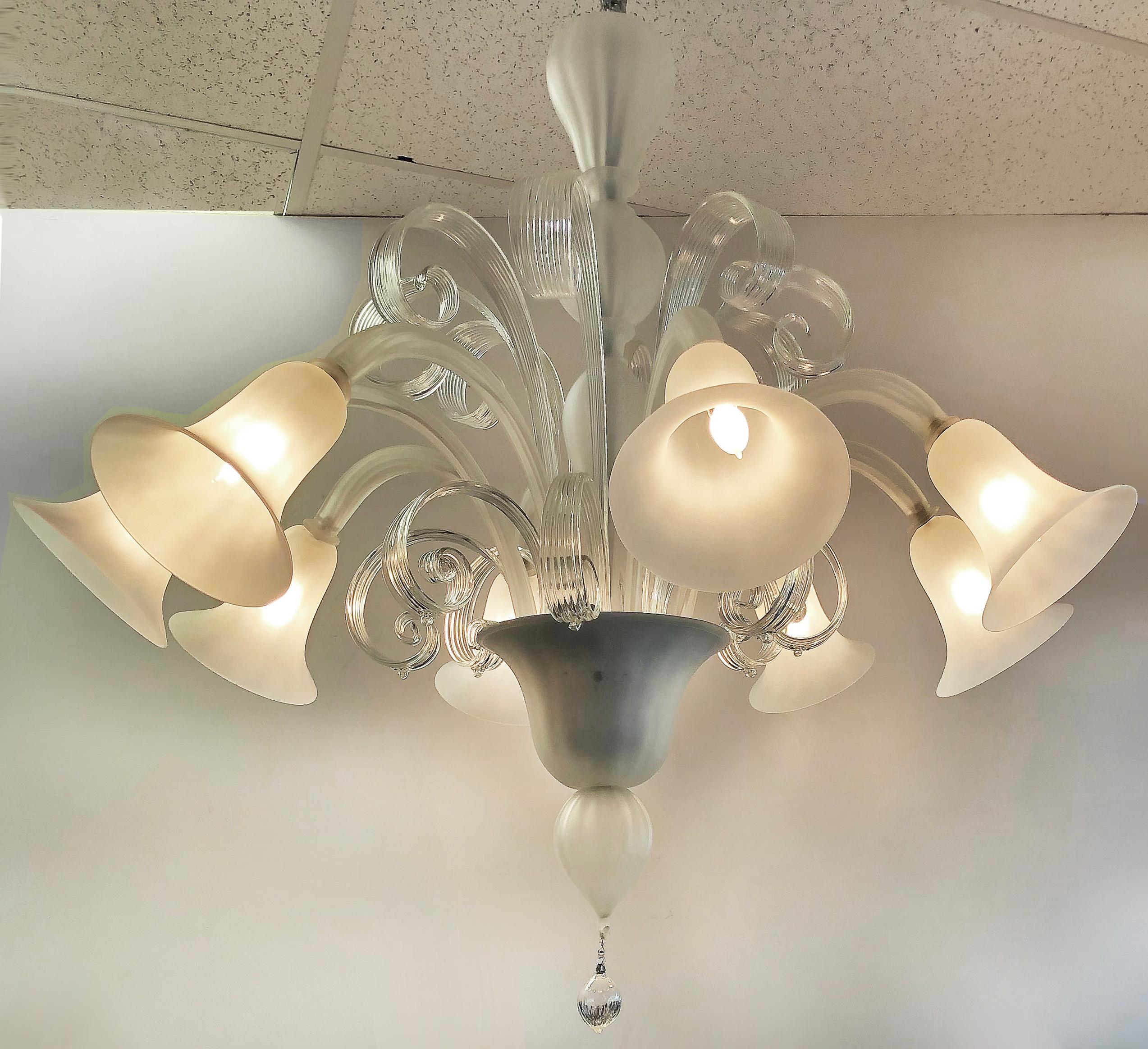 Vintage Murano Frosted Glass Eight Arm Chandelier with New Wiring In Good Condition In Miami, FL