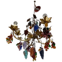 Vintage Murano Fruit Chandelier, Gilded Metal, Colorful Ornaments