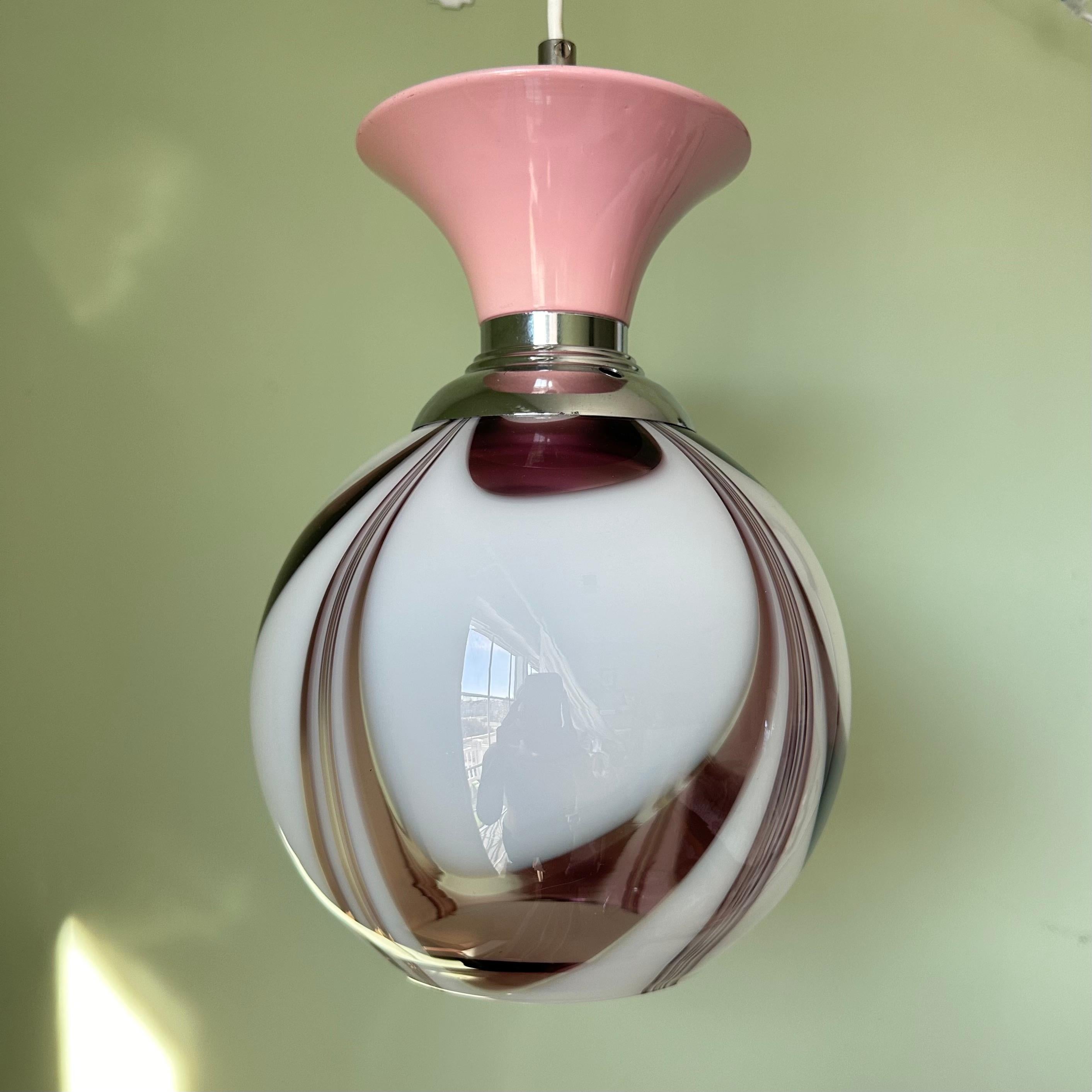 20th Century Vintage Murano Glass Amethyst Purple and White Swirl Ceiling Pendant Light  For Sale