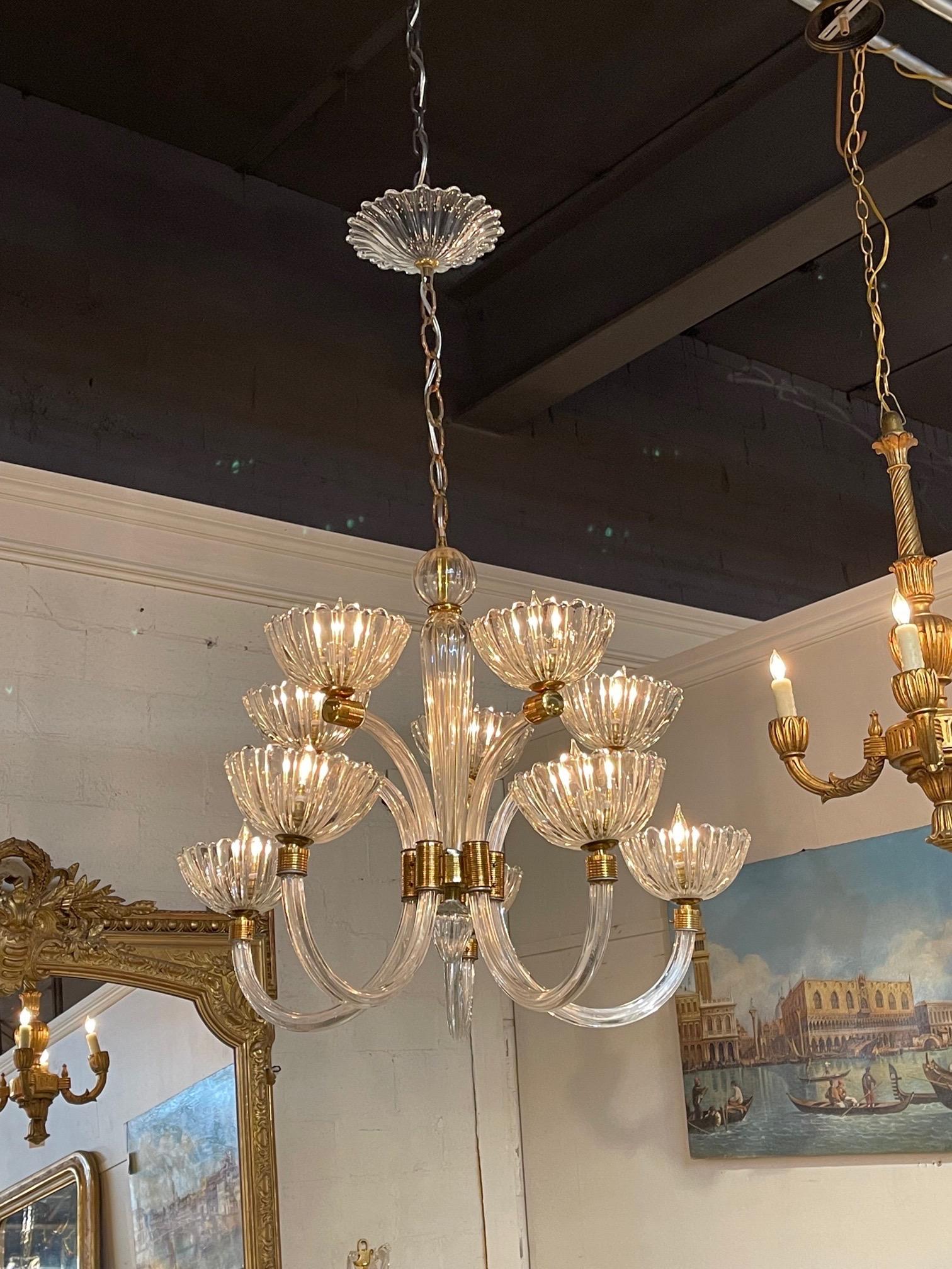 Italian Vintage Murano Glass and Brass 2 Tier Chandelier by Barovier
