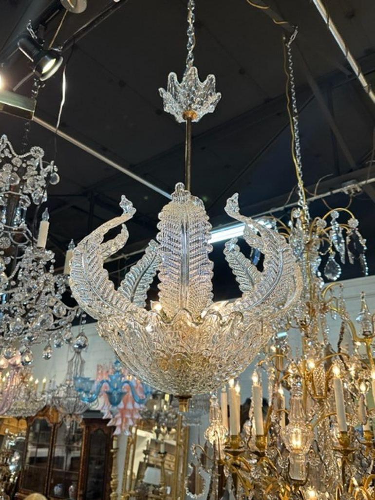 Decorative vintage Murano glass and brass leaf form chandelier. Featuring beautiful textured glass. A sparkling beauty.