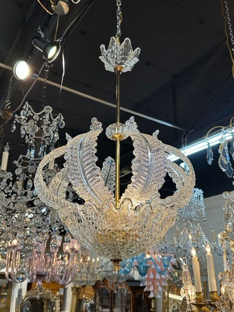 Italian Vintage Murano Glass and Brass Leaf Chandelier after Barovier For Sale