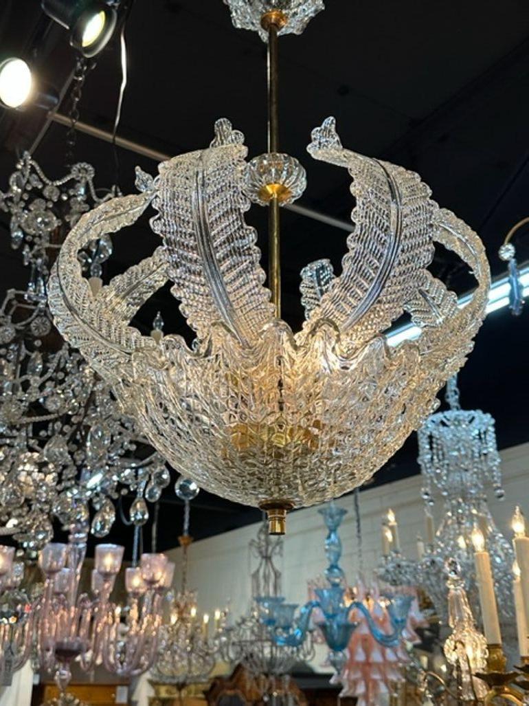20th Century Vintage Murano Glass and Brass Leaf Chandelier after Barovier For Sale