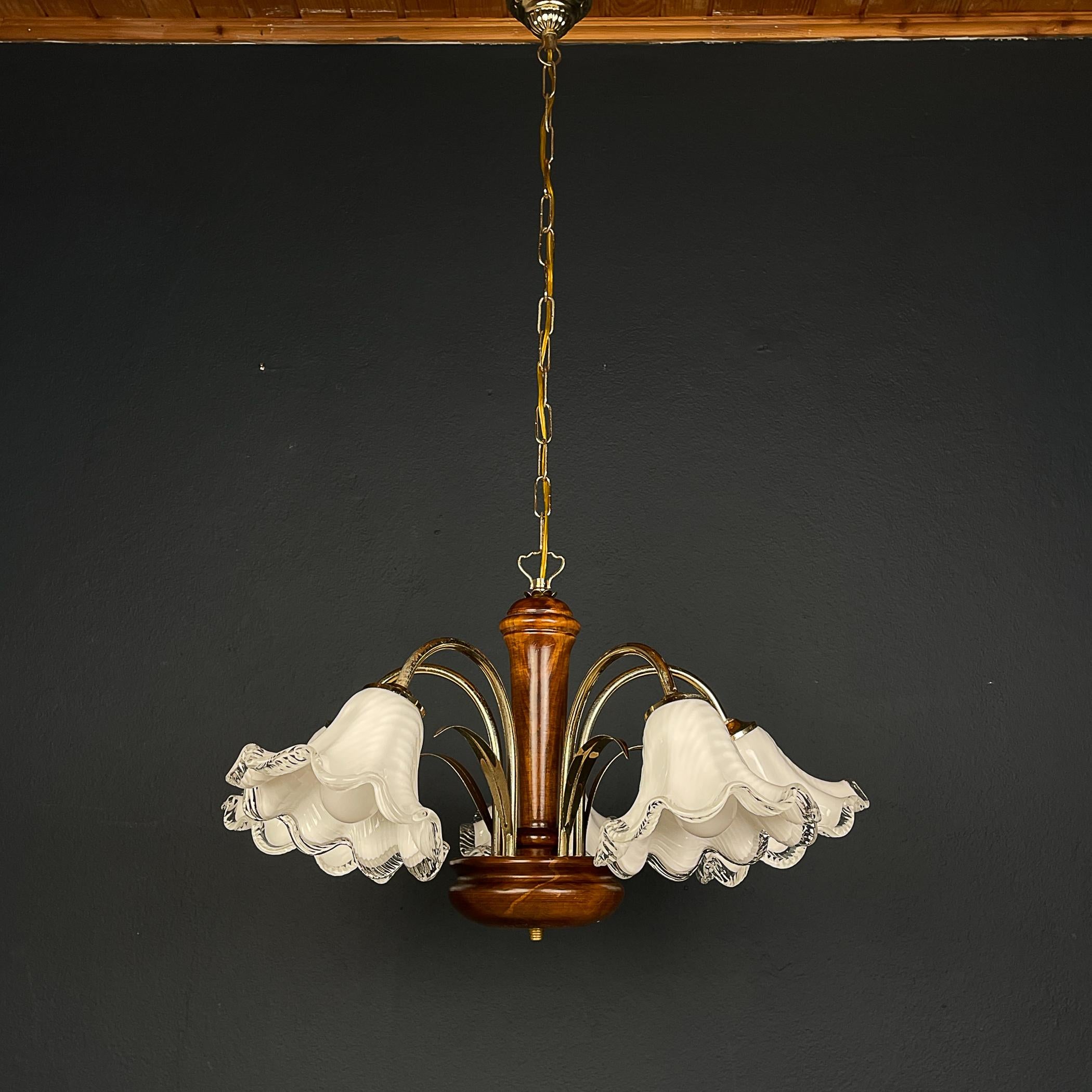 Vintage murano glass and wood chandelier Italy 1970s  For Sale 3